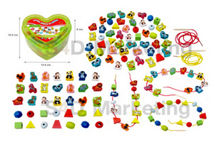 006-7  ชุดบล็อกไม้ร้อยเชือกคละลาย กล่องรูปหัวใจ  Image