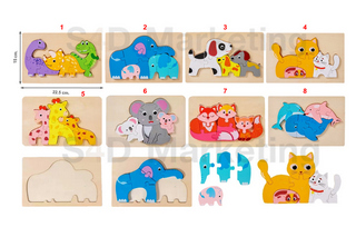  029-3H แผ่นจิ๊กซอว์บล็อกไม้นูนประกอบรูปสัตว์ 3 ตัว คละลาย   Image