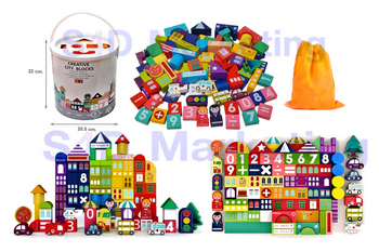  MMM-915 บล็อกไม้ประกอบปราสาทและสถานที่สำคัญถัง 100 ชิ้น   Image